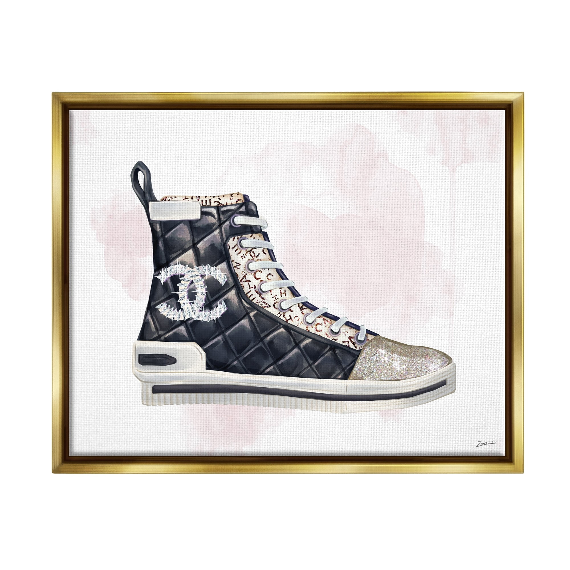 Stupell Industries Glam Fashion Quilted Sneaker Designer Style Metallic Gold Framed Floating Canvas Wall Art, 16x20, by Ziwei Li