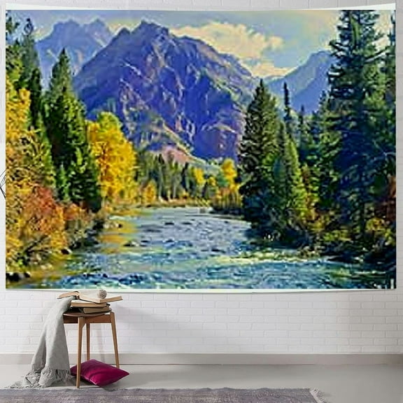 BCIIG Nature Mountain Forest Tapestry, Scenic Green Pine Tree Waterfall Landscape Wall Hanging Tapestries for Home Office Dorm Indoor and Outdoor Decoration Large Size,