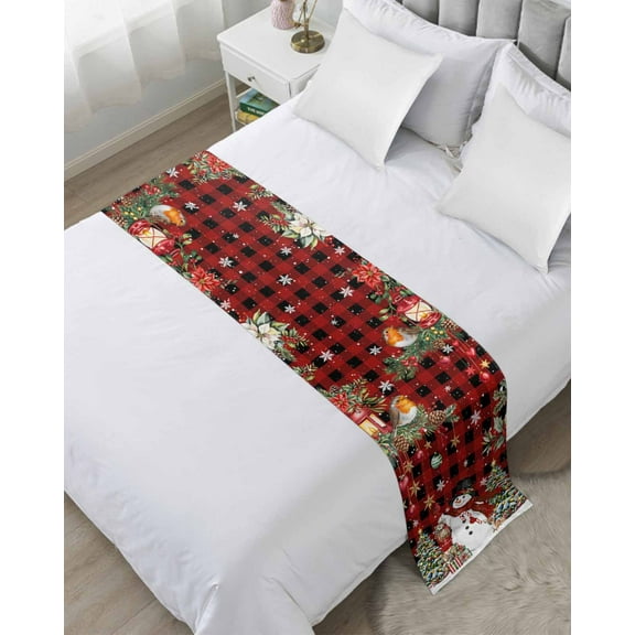Xipuska Red Plaid Christmas Snowman Bed Runners for Twin Size Bed, Decorative Bed Throws for Foot of Bed, Xmas Tree Poinsettia Balls Bed Runner Sofa Throw Bedding Scarf Slipcover for Bedroom