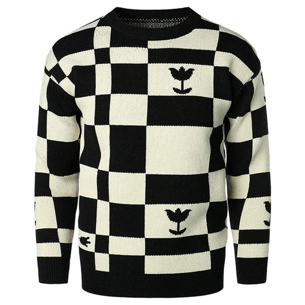 Quarter Zip Pullover Women Men's Autumn And Winter New Men's Round Neck Pullover Sweater Large Size Casual Printing Outer Wear Plaid Sweater Bottoming