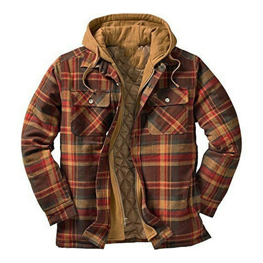 Quilted Thick Plaid Long Sleeved Loose Jacket Men s Hoodie Quilted Lined Flannel Hooded Full Zip Shirt Jacket Walmart