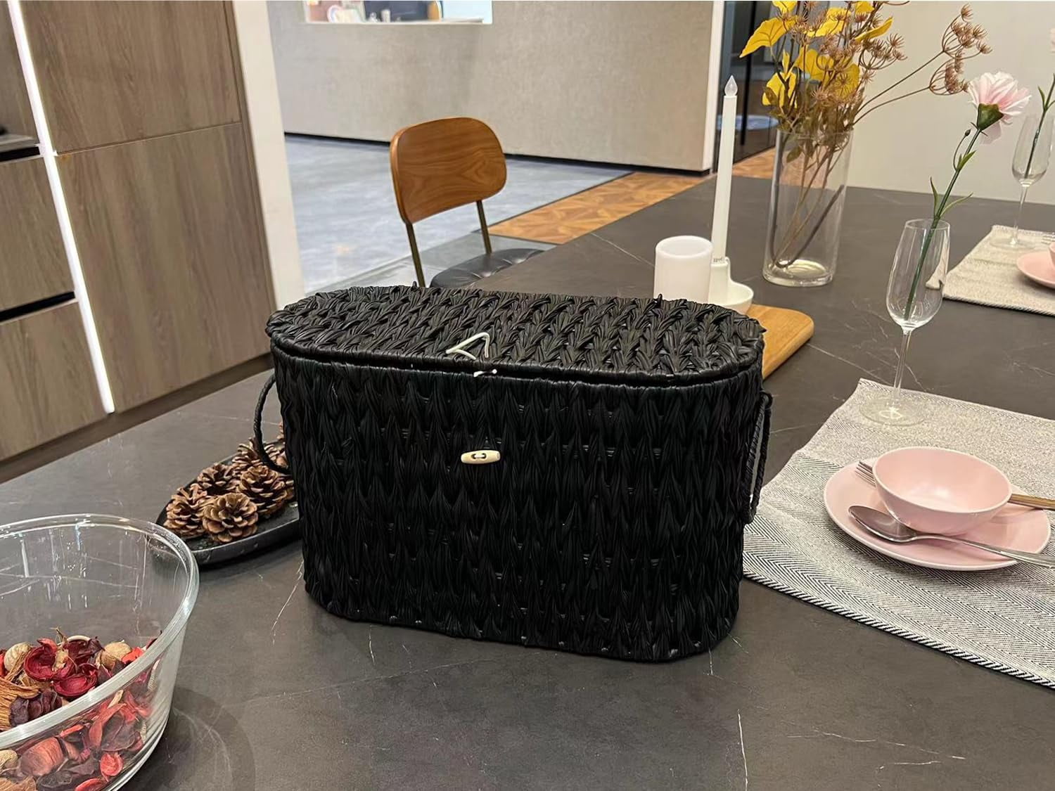 Black Wicker Toilet Paper Storage Basket with Lid