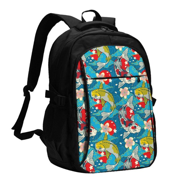 Easygdp Japanese Koi Mochila para Laptop de Viaje con Puerto USB, Mochila para Laptop con Puerto de Carga USB para Mujeres y Hombres