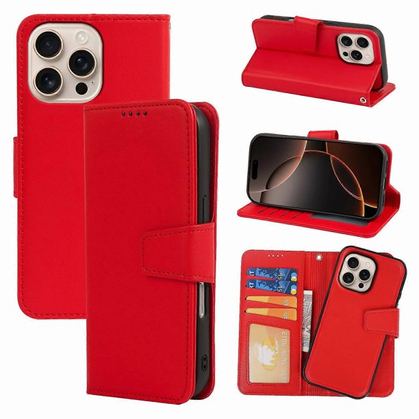 For iPhone 16 Pro Max Case Detachable 2 in 1 PU Leather Wallet Phone Cover - Green