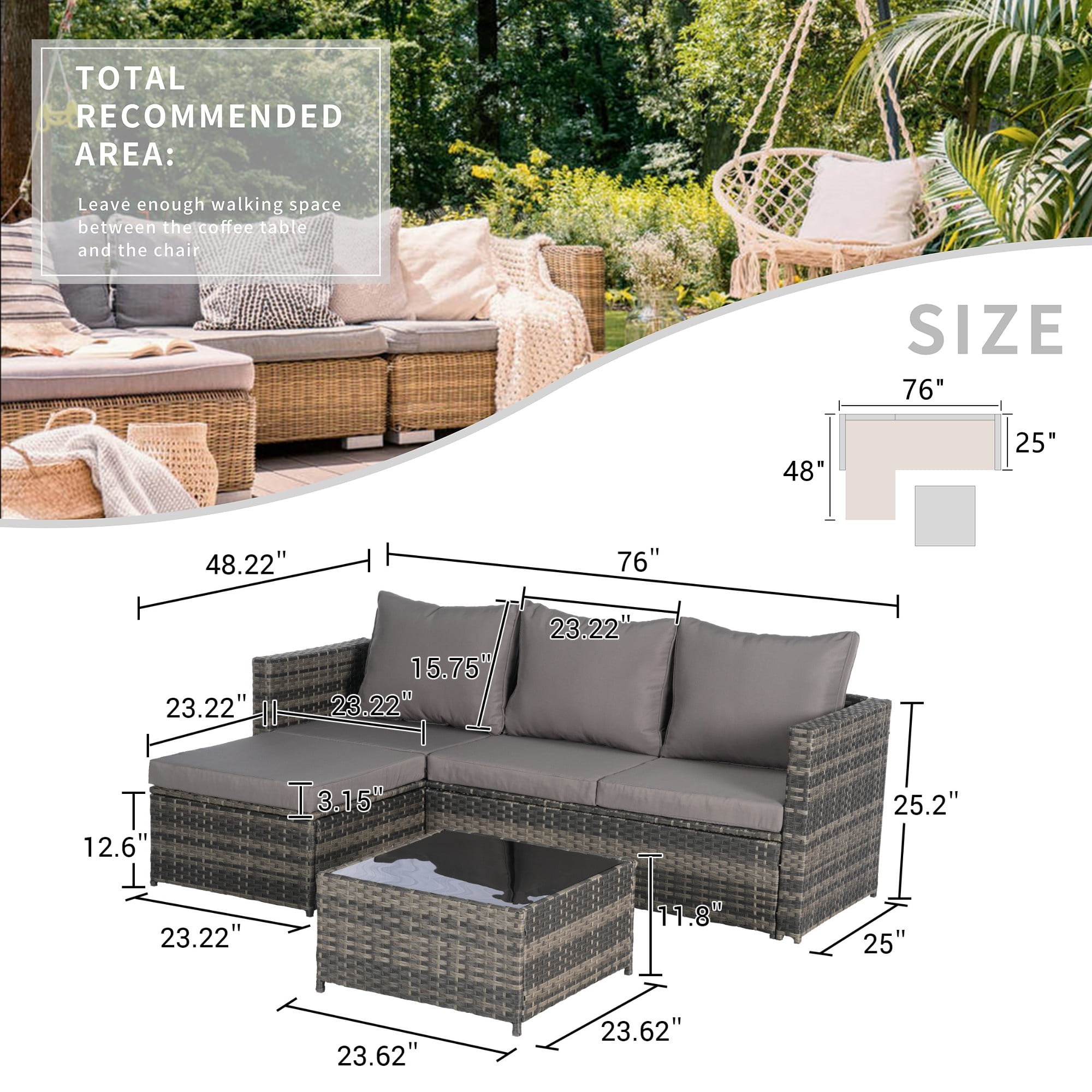 Aukfa Outdoor Patio Furniture Set - L shape Wicker Sectional Sofa with Coffee Table - Gray Cushions