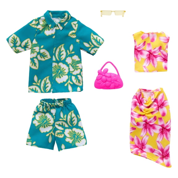 Barbie Clothes Set, Fashion & Accessory Pack for Barbie & Ken Dolls with 2 Complete Looks, Tropical