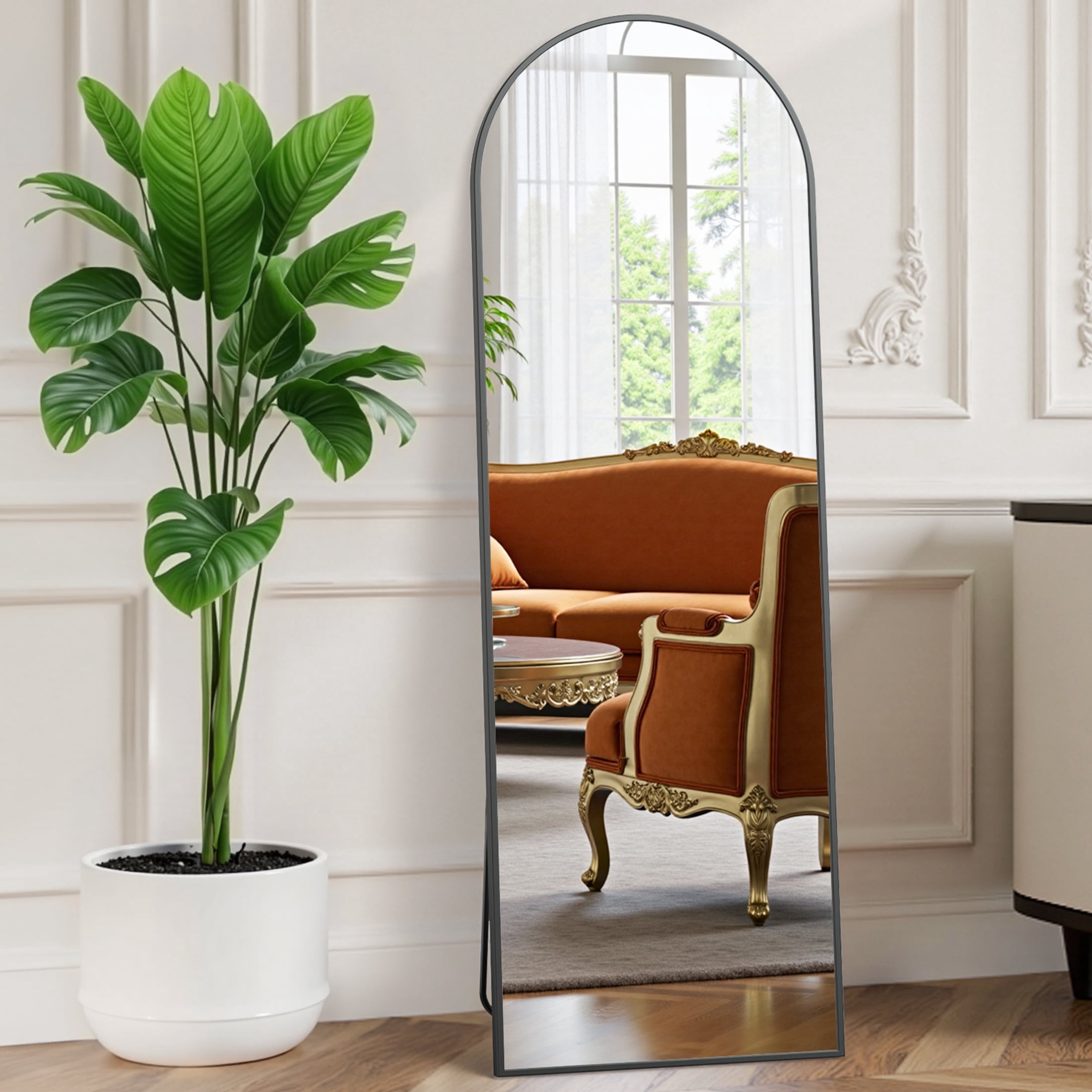 GlasFlength Full Length Mirror - 64x21 Inch Arched Floor Standing Dressing Mirror In Black