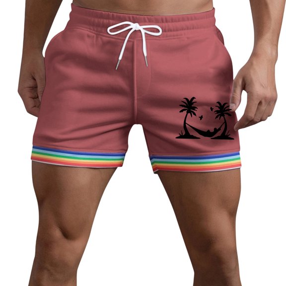 Shorts Men Casual Men's Rainbow Solid Color Summer Pants Pocket Drawstring Loose Casual Sports Running Straight Beach Shorts Brick Red L