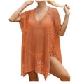 thumbnail image 2 of Women's Hollow out Knit Mini Dress Short Sleeve V Neck Side Lace-Up Sheer Crochet Beach Cover Up for Summer Beach Travel Sheer Bathing Suit Cover up Orange One Size, 2 of 4