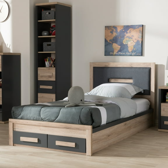 Twin Storage Bed with Drawers - Dark Grey & Brown Platform Bed Frame, Headboard Included