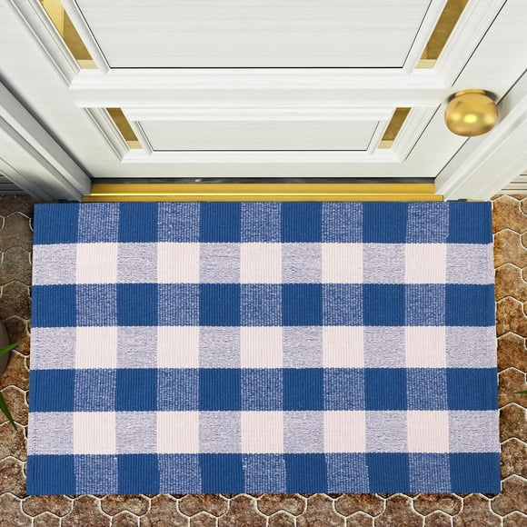 100% Cotton Buffalo Plaid Rugs Hand-Woven Washable Indoor Outdoor Rugs for Doorway Entryway - Bright Cobalt and White