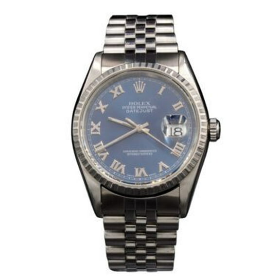 Pre-Owned Mens Rolex Stainless Steel Datejust Watch Blue Roman Dial 16220
