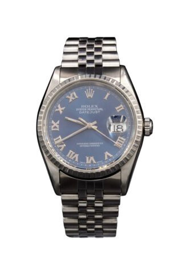 Pre-Owned Mens Rolex Stainless Steel Datejust Watch Blue Roman Dial 16220