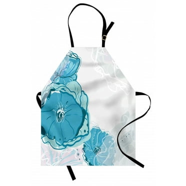 Floral Apron Hand Drawn Style Blossoms in Pastel Colors Inspired by Spring Nature, Unisex Kitchen Bib Apron with Adjustable Neck for Cooking Baking Gardening, Blue Seafoam and Coconut, by Ambesonne