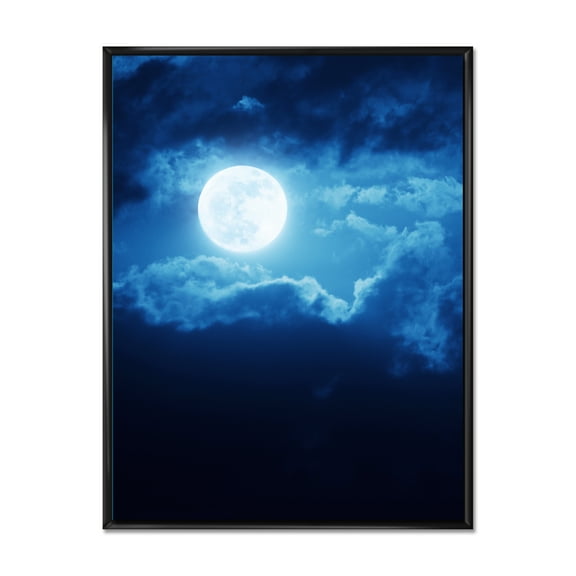 Designart 'Full Moon Night in Cloudy Sky III' Nautical & Coastal Framed Canvas Wall Art Print