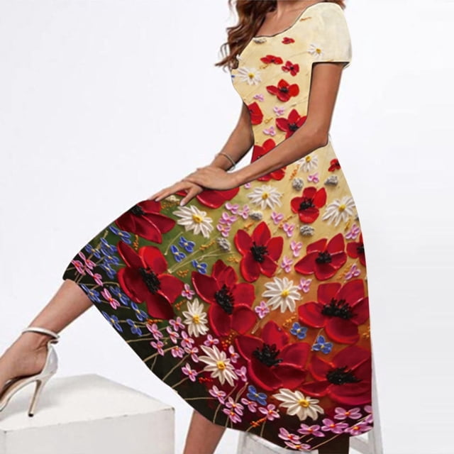LOVZFMLL Robe Imprimée Élégante Décontractée pour Femme à Manches Courtes, Col Rond, Fête, Quotidien, Rouge, TG
