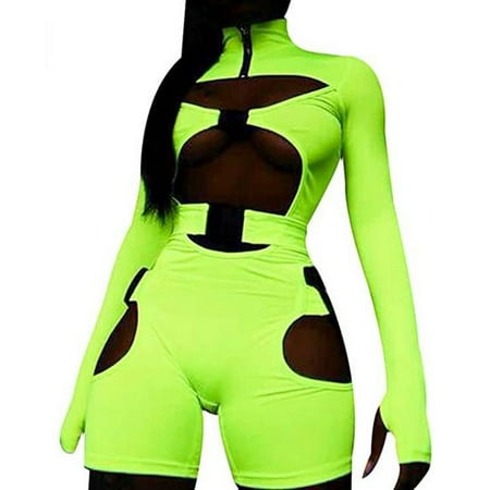 

Women s Bodycon Buckle High Neck Jumpsuit Long Sleeves Sexy Hollowing Out Romper