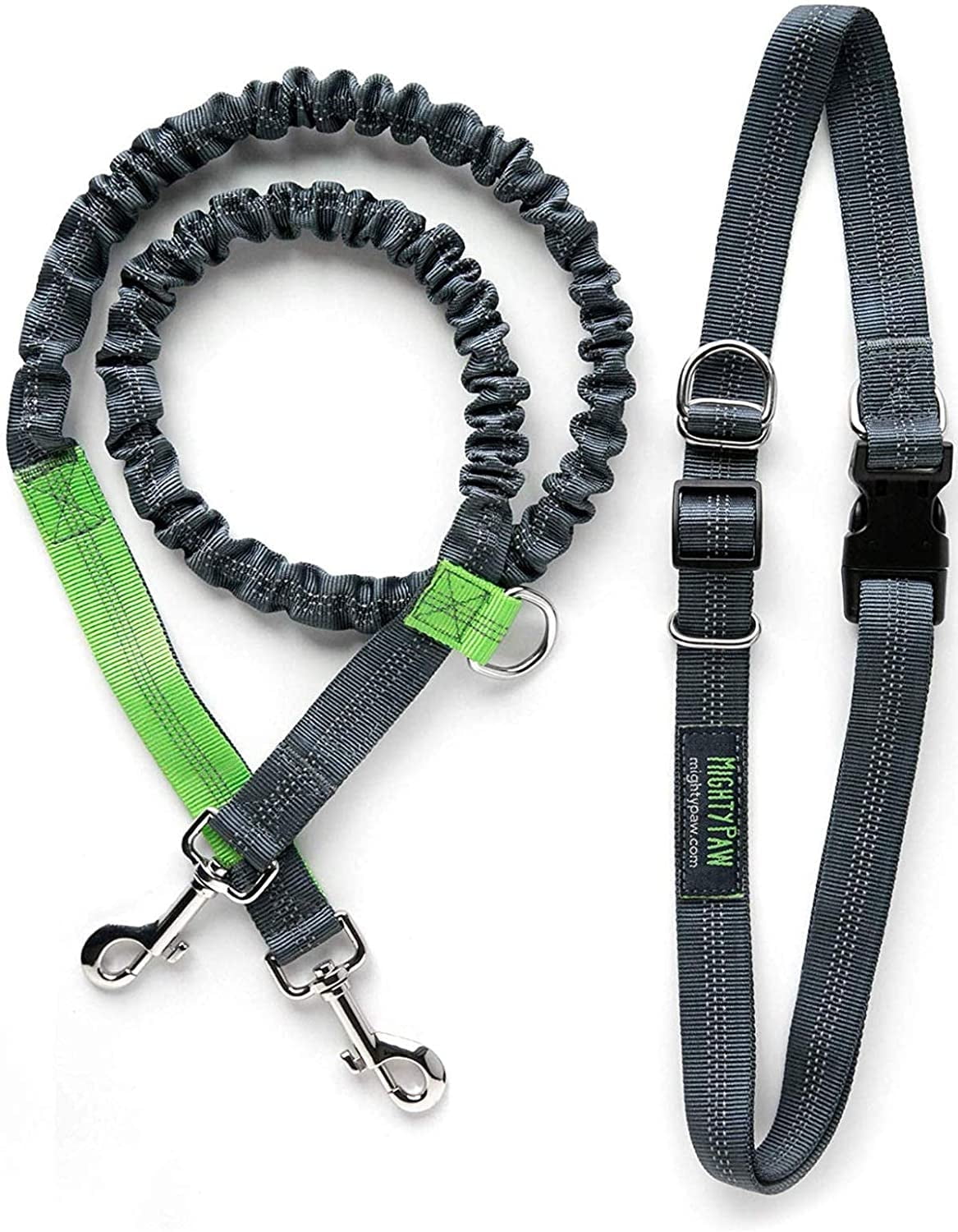 (2 pack) Mighty Paw Hands Free Dog Leash, Premium Running Dog Leash, Lightweight Reflective Bungee Dog Leash (Grey/Lime - 36 inch Bungee)
