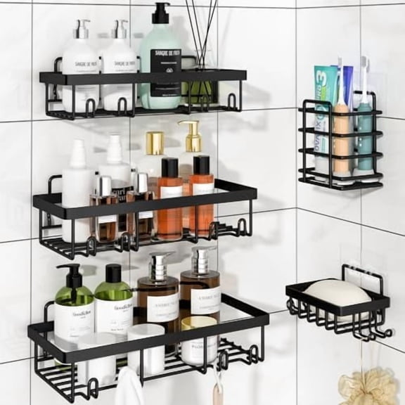 5 Pack Shower Caddy Organizer Rack Shelf for Inside Shower, Adhesive Bathroom Wall Storage Basket Rustproof Stainless Steel Shampoo Holder, Bathroom Accessory Decor Set, Black.