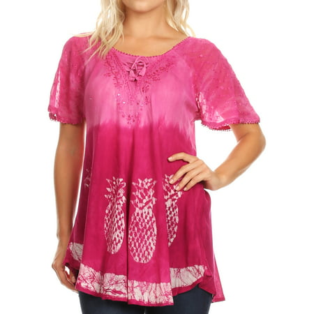 Sakkas Ivanna Womens Short Raglan Lace Sleeve Flowy Top Blouse Tie-dye & Batik - Fuschia - One Size