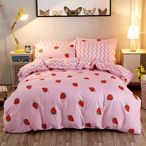 Kawaii Bedding Pink Strawberry Decor, Bed Covers Twin Size