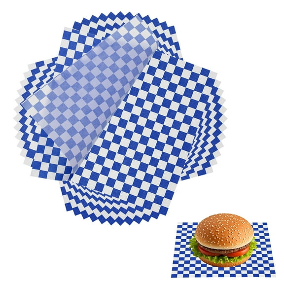 Uxcell 150 Pcs Wax Paper Sheets for Food, 8.7 x 8.7 Inch Greaseproof Wrapping Paper Sheets, Checkered Square Food Basket Liners for Sandwich Hamburger Bread, Dark Blue