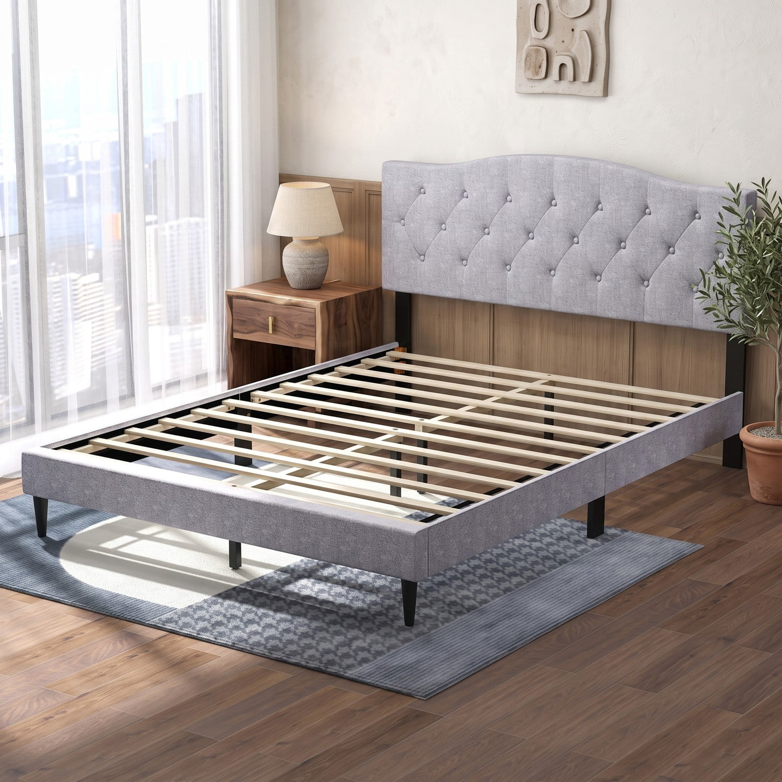 Furnibear Queen Bed Frame Upholstered Platform Bed with Button Tufted Headboard and Wooden Slats for Bedroom and Guest Room, Gray