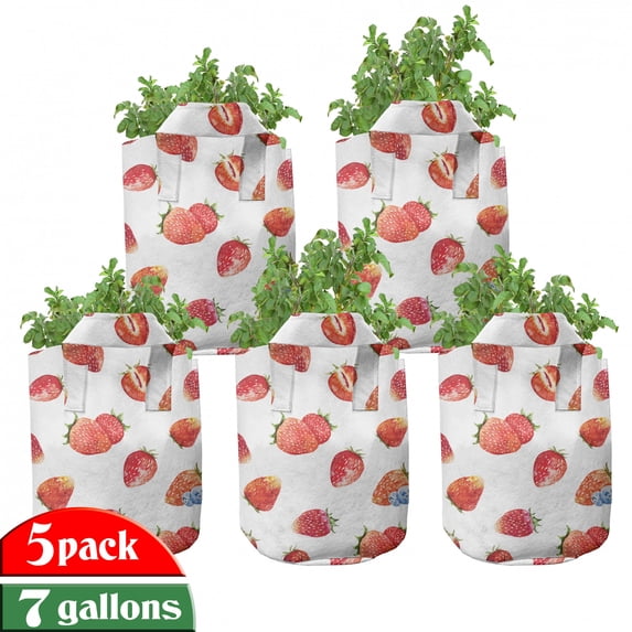 Watercolor Grow Bags 5-Pack, Strawberry Blueberry, Heavyduty Fabric Pots with Handles for Plants, 2 Sizes, Slate Blue Vermilion, by Ambesonne
