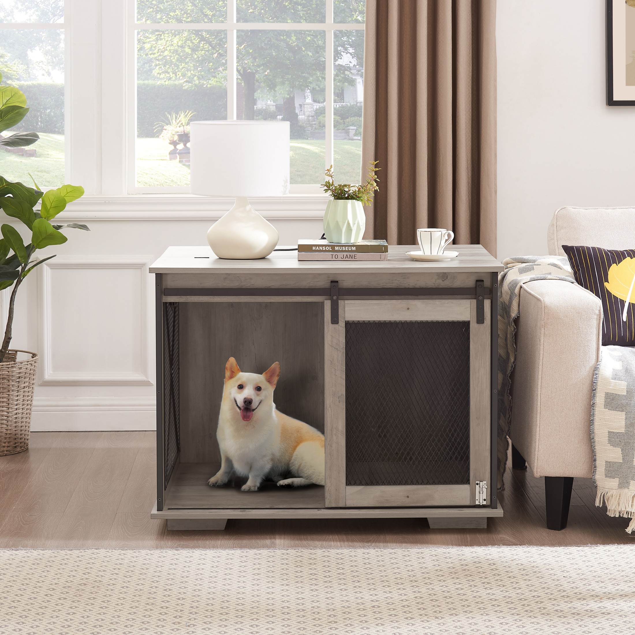 Noble House Farmhouse Dog Cage Crate Furniture, Sliding Barn Door Kennel End Table with Divider and Flip-Top, Gray Wash