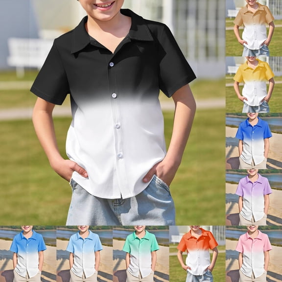 SOFTCCLO Boys Shirts Short Sleeve Lapel Collar Ombre Print Button Down Tops Summer Casual Kids Shirts for Boys 5-6Y