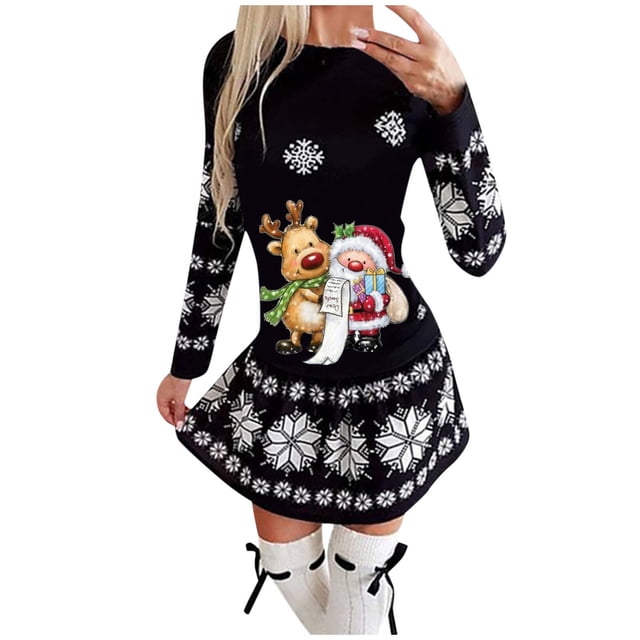 vestidos de navidad para mujer moda otoño e invierno manga larga navidad impreso cuello redondo vestidos largos odeerbi odb198587 vestido negro corto de manga larga y cuello redondo con silueta evasé; estampado frontal de reno y muñeco de nieve, copos de nieve en torso, mangas y dobladillo; poliéster para uso casual diario, también usado como atuendo temático para fiestas navideñas.