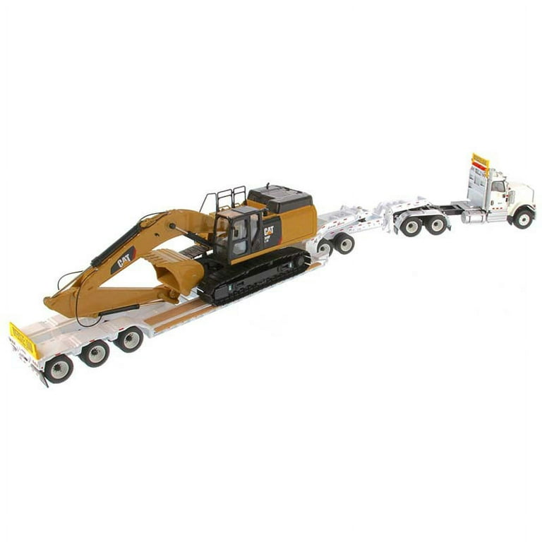 International HX520 White w/ XL 120 Lowboy Trailer & CAT 349F L XE  Hydraulic Excavator 2pc Set 1/50 by Diecast Masters