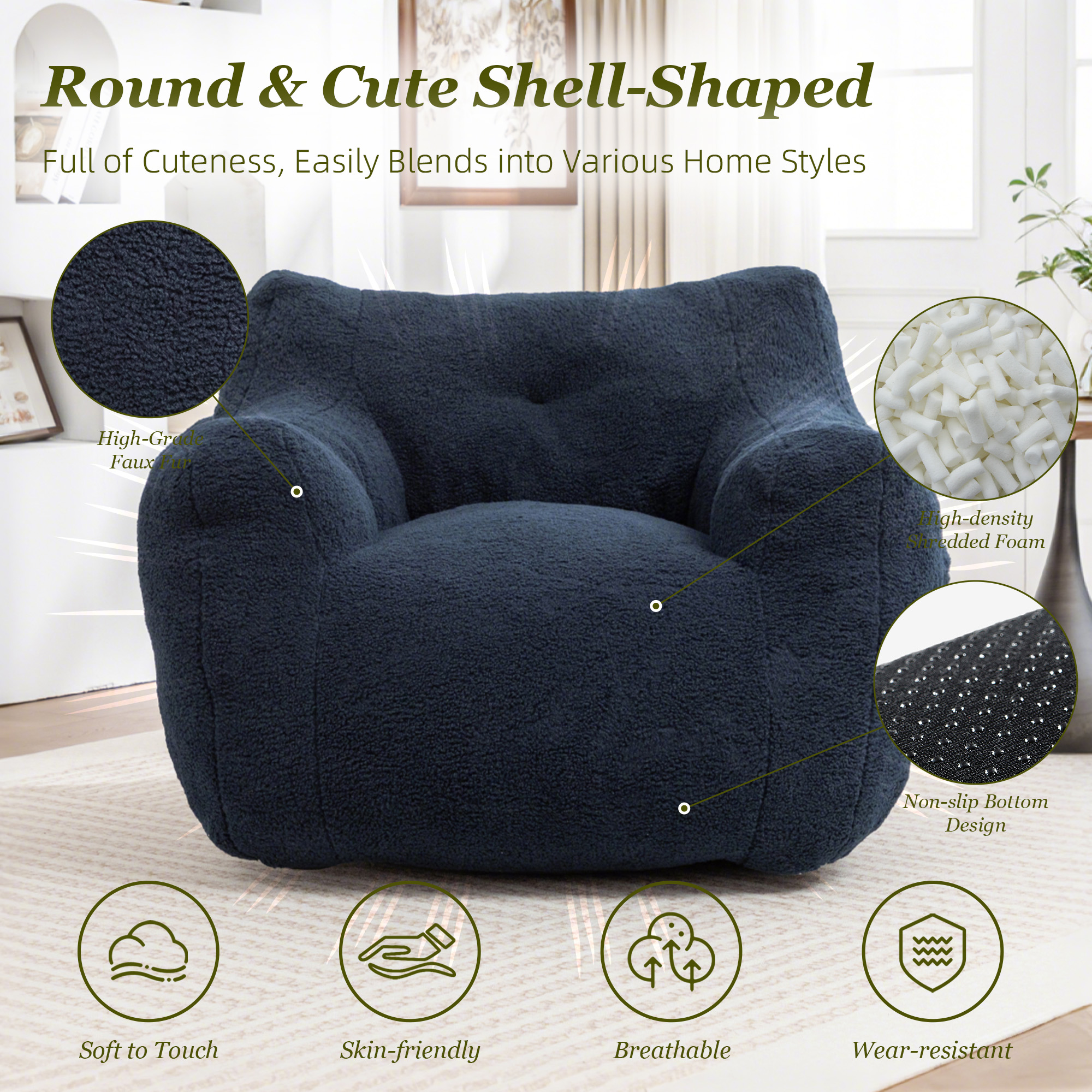 MOONMISS Bean Bag Chair, Bean Bag Sofa Chair with Armrests Stuffed High-Density Foam, Lazy Sofa Comfy Chairs BeanBag Chair for Adults in Living Room,Bedroom Reading,Navy Blue