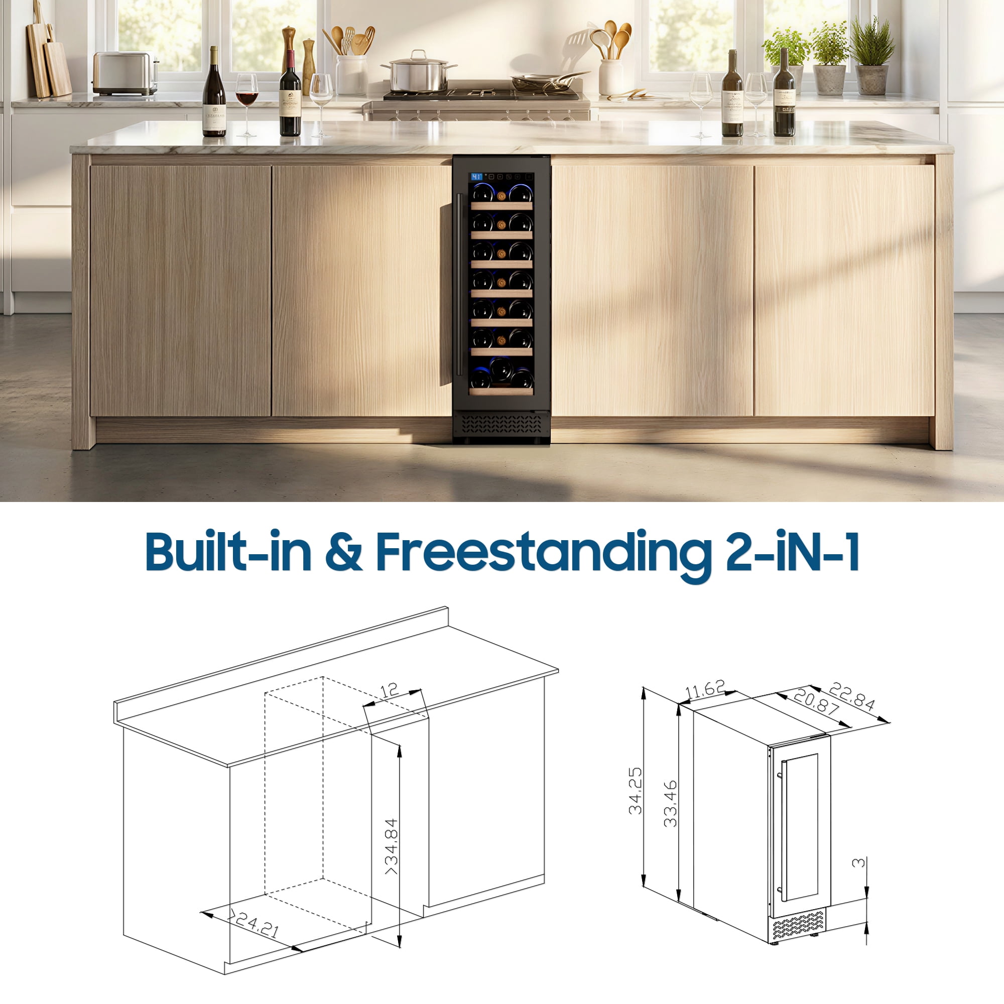 AVAHUM 12 Inch 21-Bottle Under Counter Wine Refrigerator, Professional Built-In Wine Cooler, Round Handle