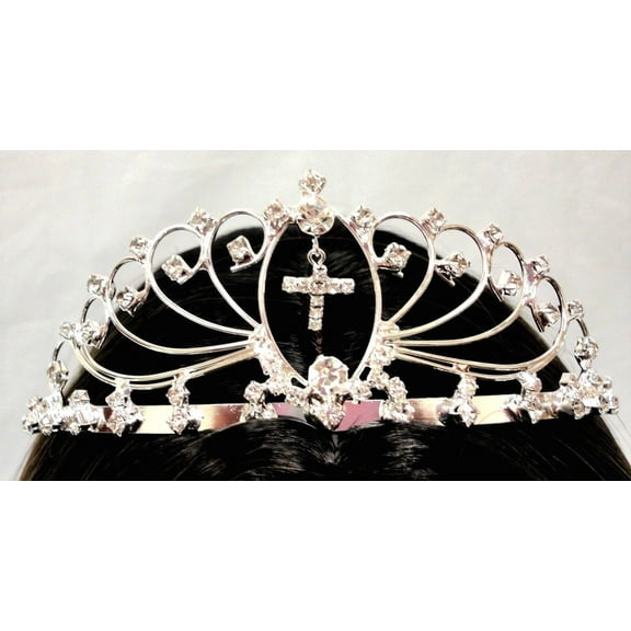 Silver Clear Rhinestone Cross Tiara/Crown Baptism, Communion