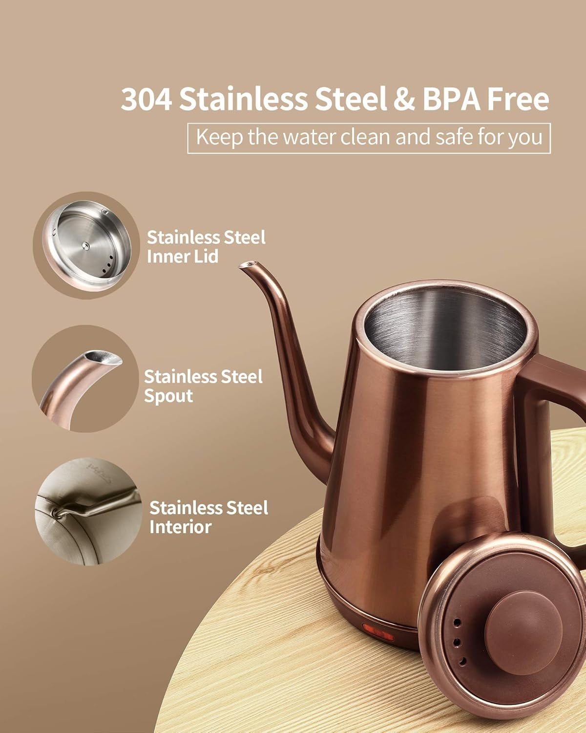 Gooseneck Electric Kettle(1.0L), 100% Stainless Steel BPA Free Classic Pour Over Coffee Kettle | Tea Kettle - Green