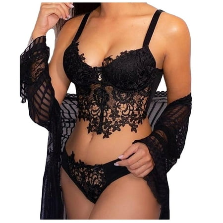 

DENGDENG Women Sexy Underwire Plus Size Eyelash Lace Lingerie Set See Through Bra and Panty Set