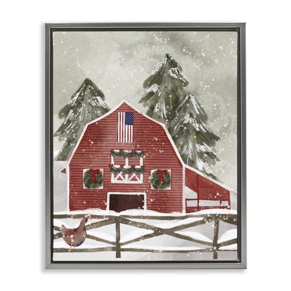 Stupell Industries Farmhouse Snowy Country Barn American Flag Gray Floating Frame Canvas Art, 17 x 21, by Laura Konyndyk