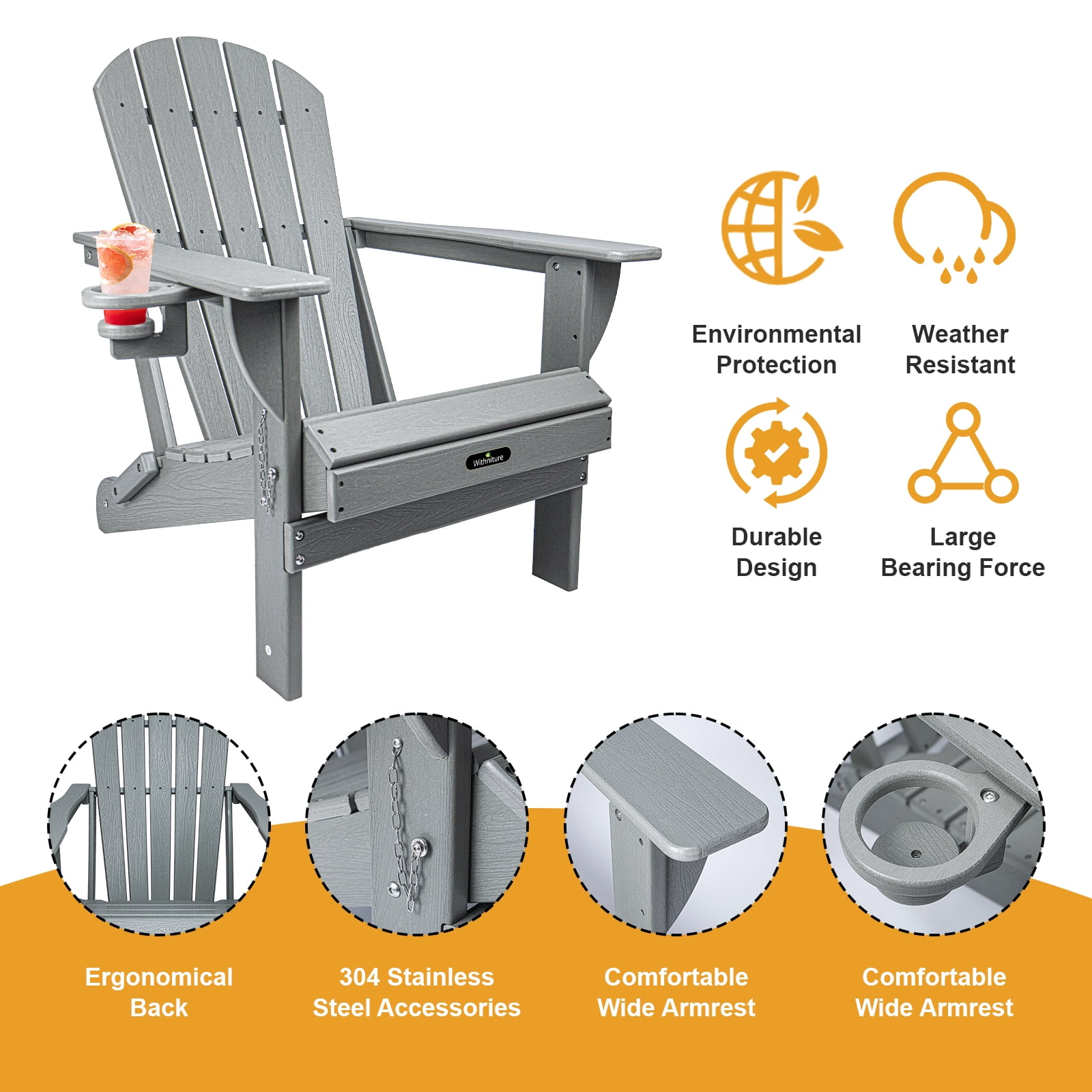 Withniture Folding Adirondack Chair, All-Weather HDPE Patio Chair with Cup Holder, Fire Pit Chair for Patio Lawn Garden Backyard Deck,Grey