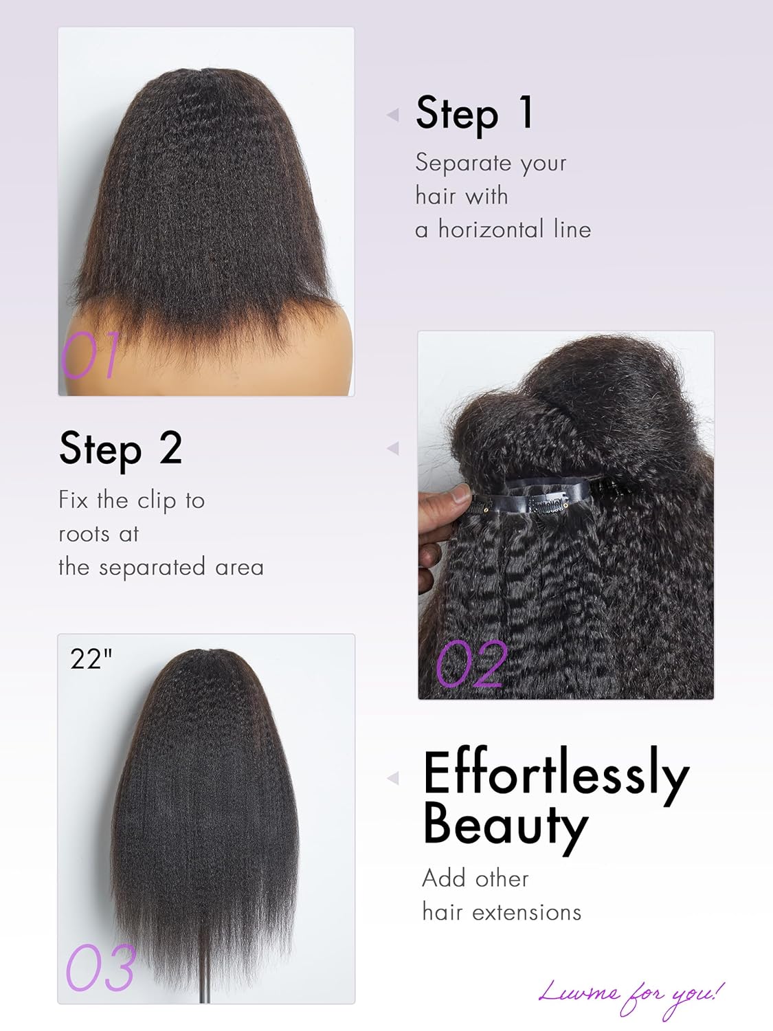 LUVME HAIR Hair 22" Clip ins Extensions Real Human Hair Fullness Kinky-straigh for Women