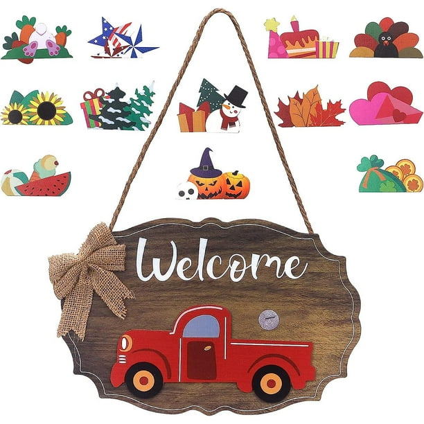 Letrero de bienvenida intercambiable para camión rojo, decoraciones navideñas, decoración interior del hogar, decoración de porche para puerta delantera colgante de madera con 12 i