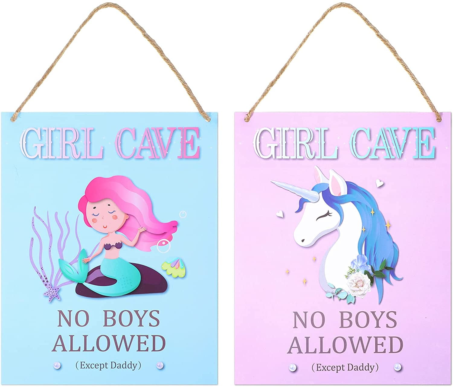 8 x 10 Inch 2 Pieces Girl Cave Sign No Boys Allowed Except Dad Sign Little Mermaid Baby Girl Room Decor Cute Unicorn Wall Decor for Girls Bedroom