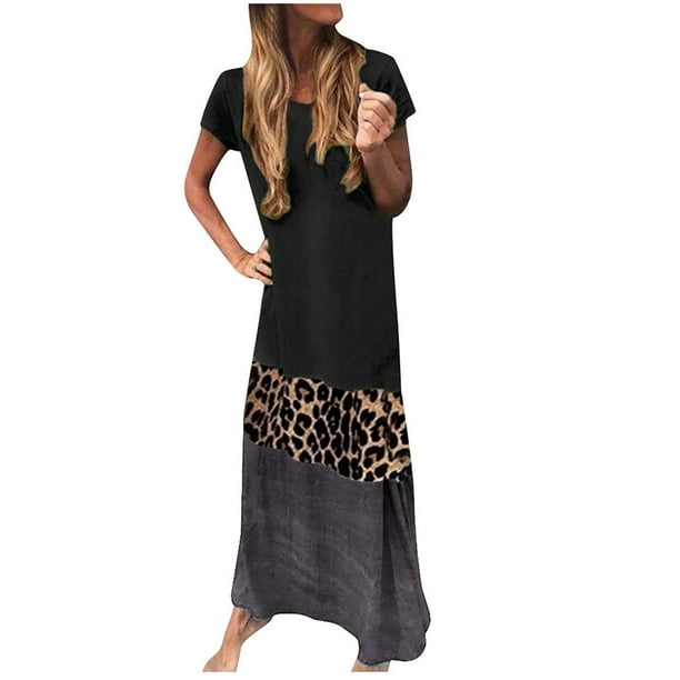Vestido suelto de manga corta con estampado de leopardo y cuello en V informal de verano para mujer a la moda Fridja bnh2730