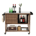 thumbnail image 2 of IVV Outdoor Bar Cart on Wheels, Patio Wicker Serving Cart w/ Stainless Steel Top & Open Shelf & Side Basket, Rolling Storage Cabinet Beverage Table for Backyard, Poolside, Garden (Brown), 2 of 10