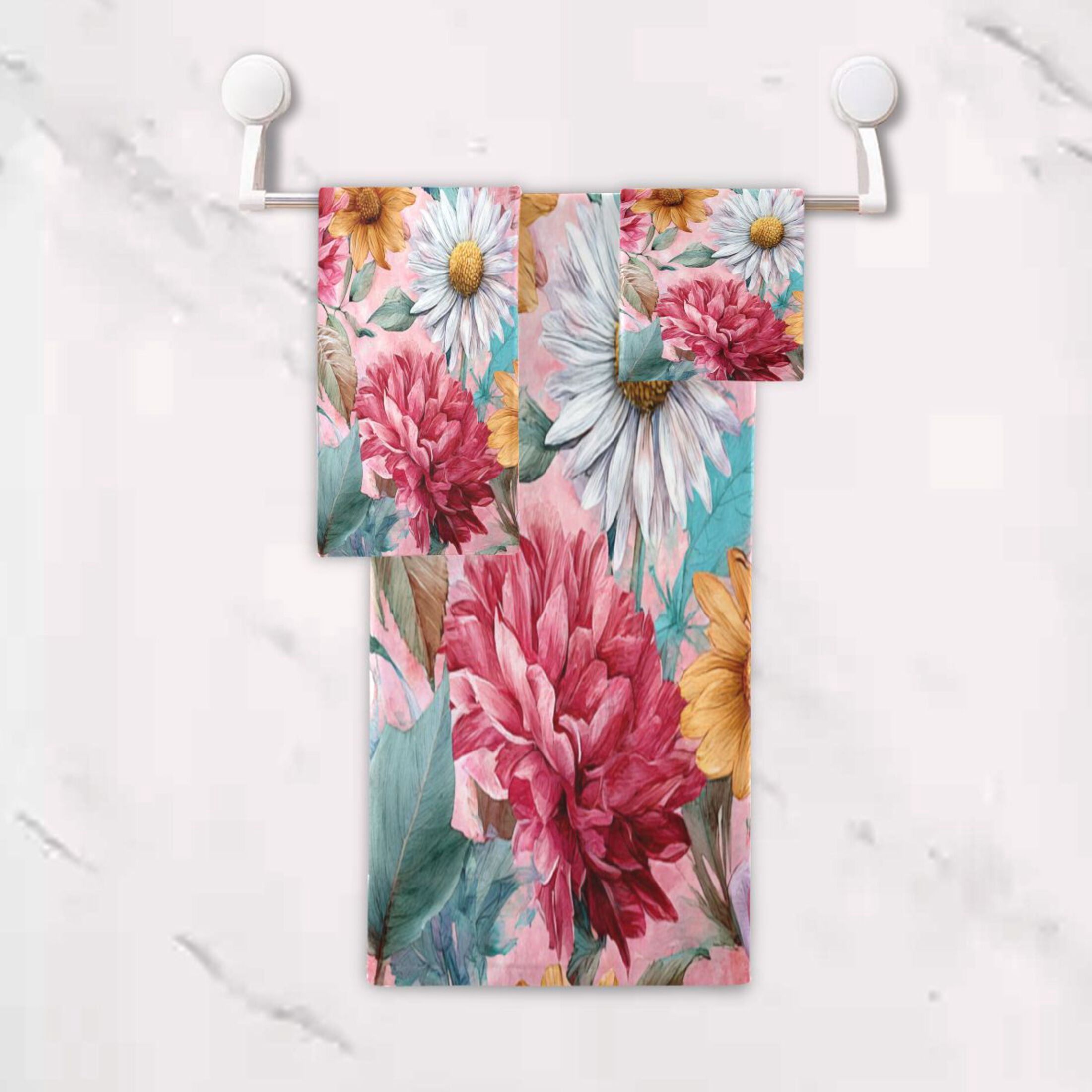 3 Sizes of Towel Sets Including Bath Towel Hand Towel and Washcloth for Daily Use Fantasy Art Floral Pattern