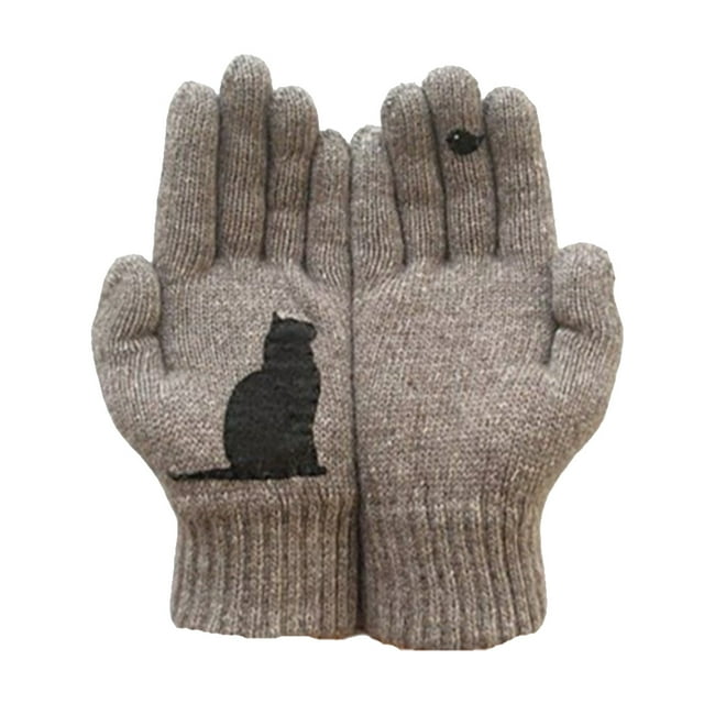 1 Pair Winter Warm Gloves Cartoon Bird Riding Skiing Accessories Cat Print Knitted Glove Thermal Cold Protection Padded Windproof Patch Work Mittens Khaki