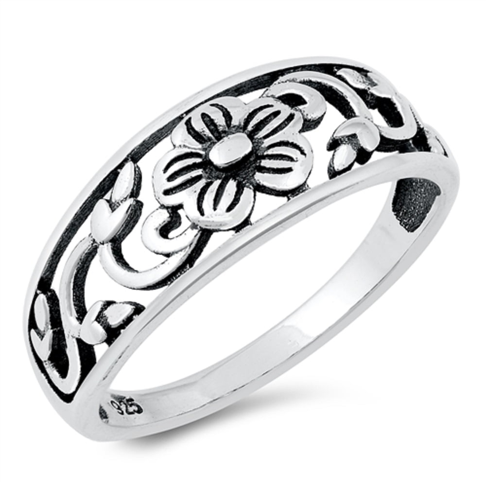 Oxidized Vintage Flower Filigree Ring - 925 Sterling Silver Band, Sizes 5-10 - View #10