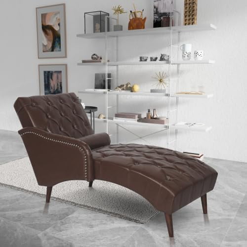YWEN Chaise Lounge Chair Indoor, Mid Century PU Leather Tufted Fainting Couch with Lumbar Pillow & Solid Wood Legs, Comfortable Upholstered Chaise Accent Armchair for Living Room, Bedroom