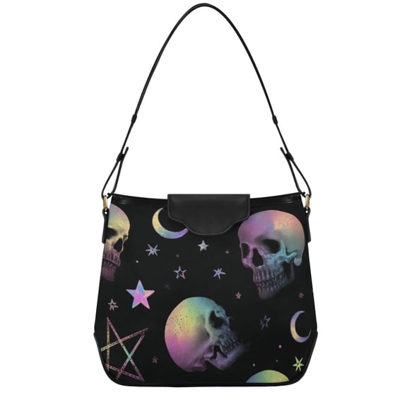 Neon Skulls Stars Moon Halloween Women's Tote Bag Convertible Handbags Hobo Shoulder Bag with Zipper Magnetic Snap