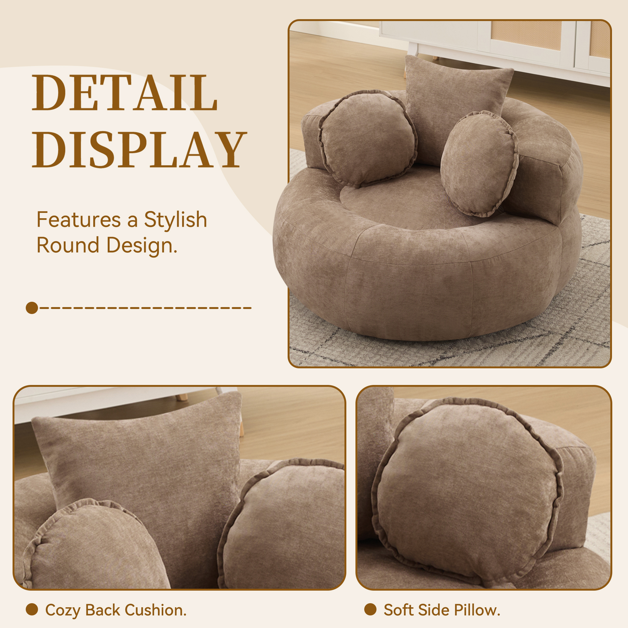 43'' Round Oversized Chaise Lounge Indoor Chair, No Assembly Chenille Compressed Circle Sofa Bed,Comfy Upholstered Sleeper Couch,Lazy Bean Bag Couch for Living Room, Bedroom,Brown